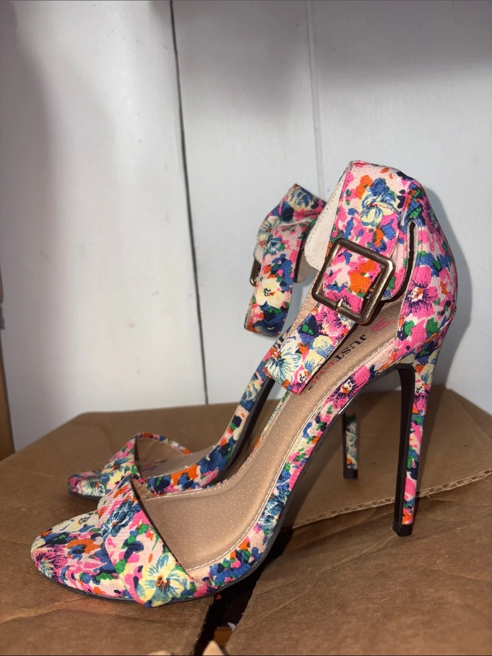JustFab Floral Print High Heel Sandals with Ankle Strap size 7.5